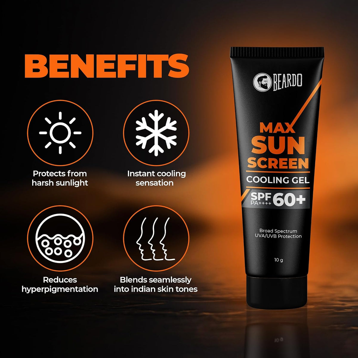 Beardo Max Cooling Gel Sunscreen SPF 60+ PA++++|UVA/UVB Protection | No White Cast |Ultra Lightweight Texture | Non-Greasy |Sunscreen for Men-10g