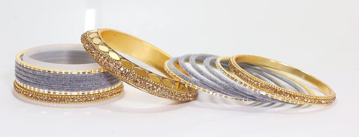 NMII Gold Plated Metal Bangles Velvet Bridal Chuda Set For Women and Girls with Premium Golden Zircon Stones & Beads Worked | Traditional Chuda Set For Women | Women's Bangles Wedding- Set of 30