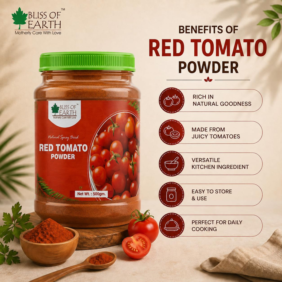 Bliss of Earth 500Gm Red Tomato Powder natural Spray Dried