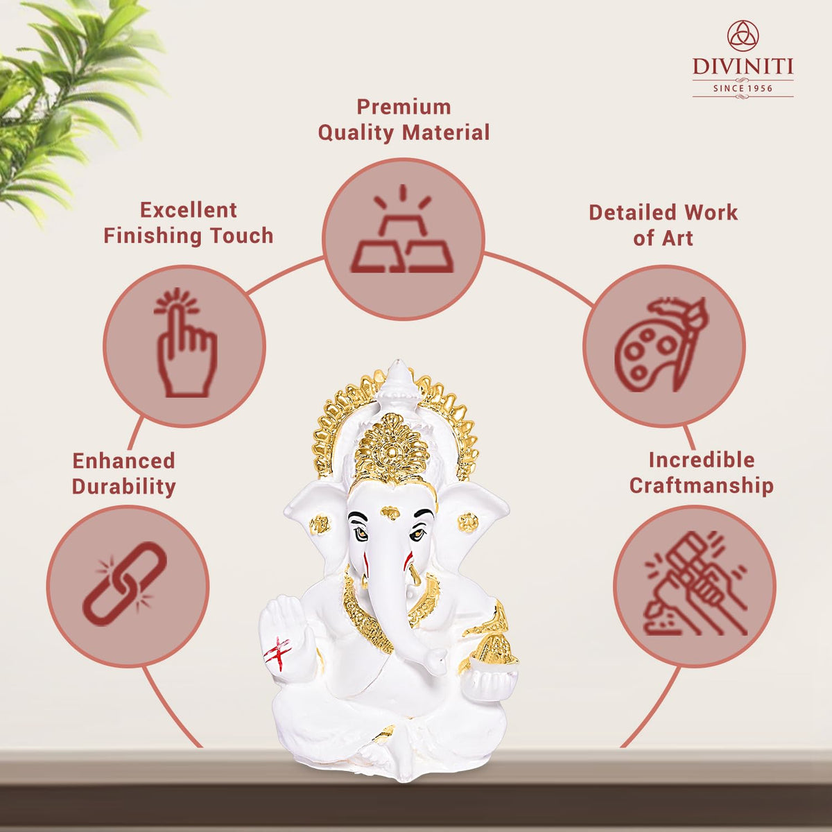DIVINITI 24K Gold Plated Resin Lord Ganesha Idol for Car Dashboard, Tabletop|Ganesh Statue for Good Luck and Success|Ganpati Murti for Home Decor Mandir, Office Desk Puja Gift White (8.4x4.2cm)