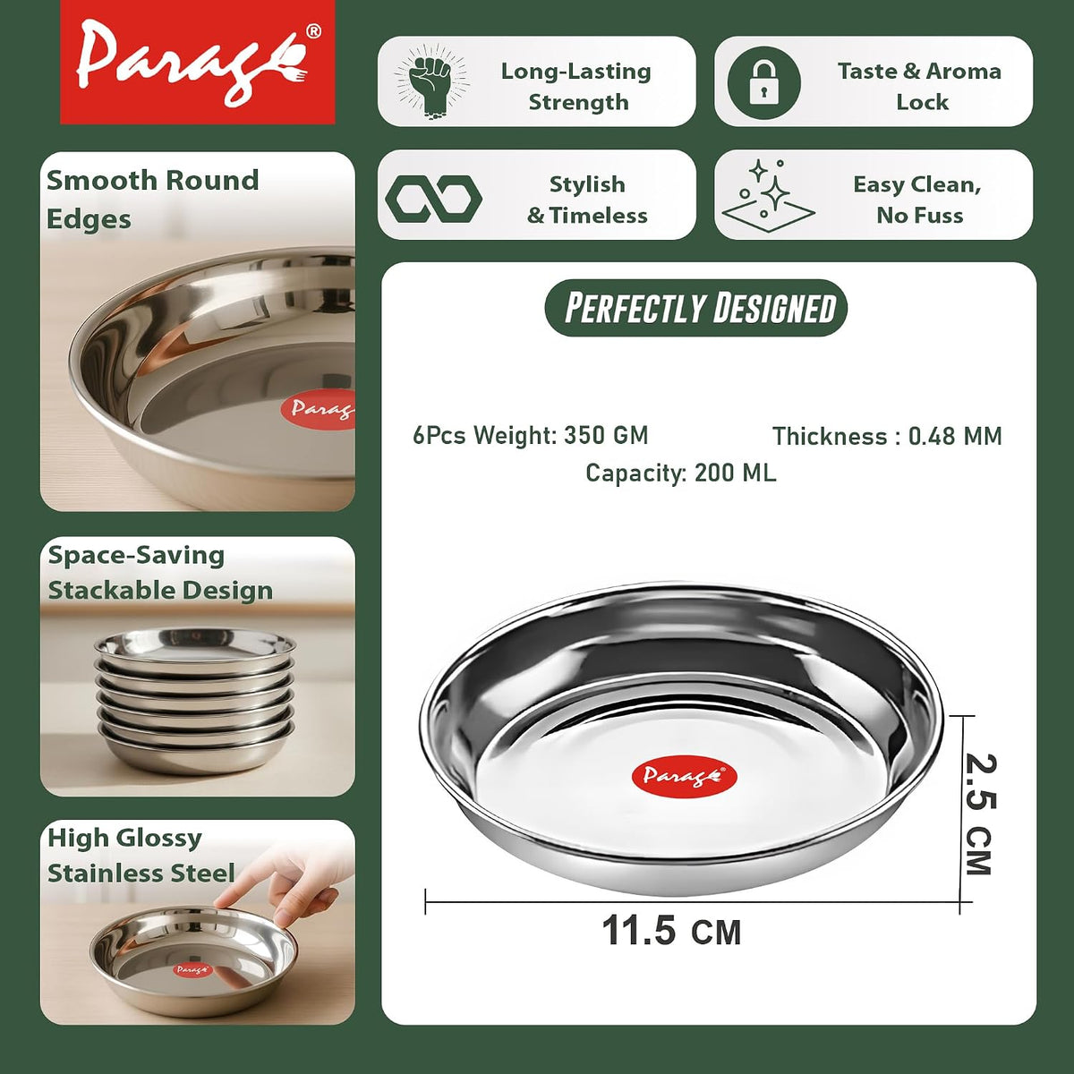 Parage 6 Pieces Stainless Steel Serving Dish Bowl – 11.5 cm Diameter | Heavy Gauge Small Halwa Plates | Durable Mirror Finish for Sweets, Snacks & Serving