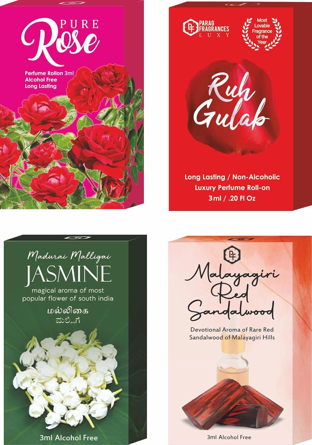 Parag Fragrances Combo Pack of 3ml × 4pc Attar set / 12ml Attar (Rose, Ruh Gulab, Jasmine, Malayagiri Red Sandalwood) Alcohol Free & Long Lasting Attars