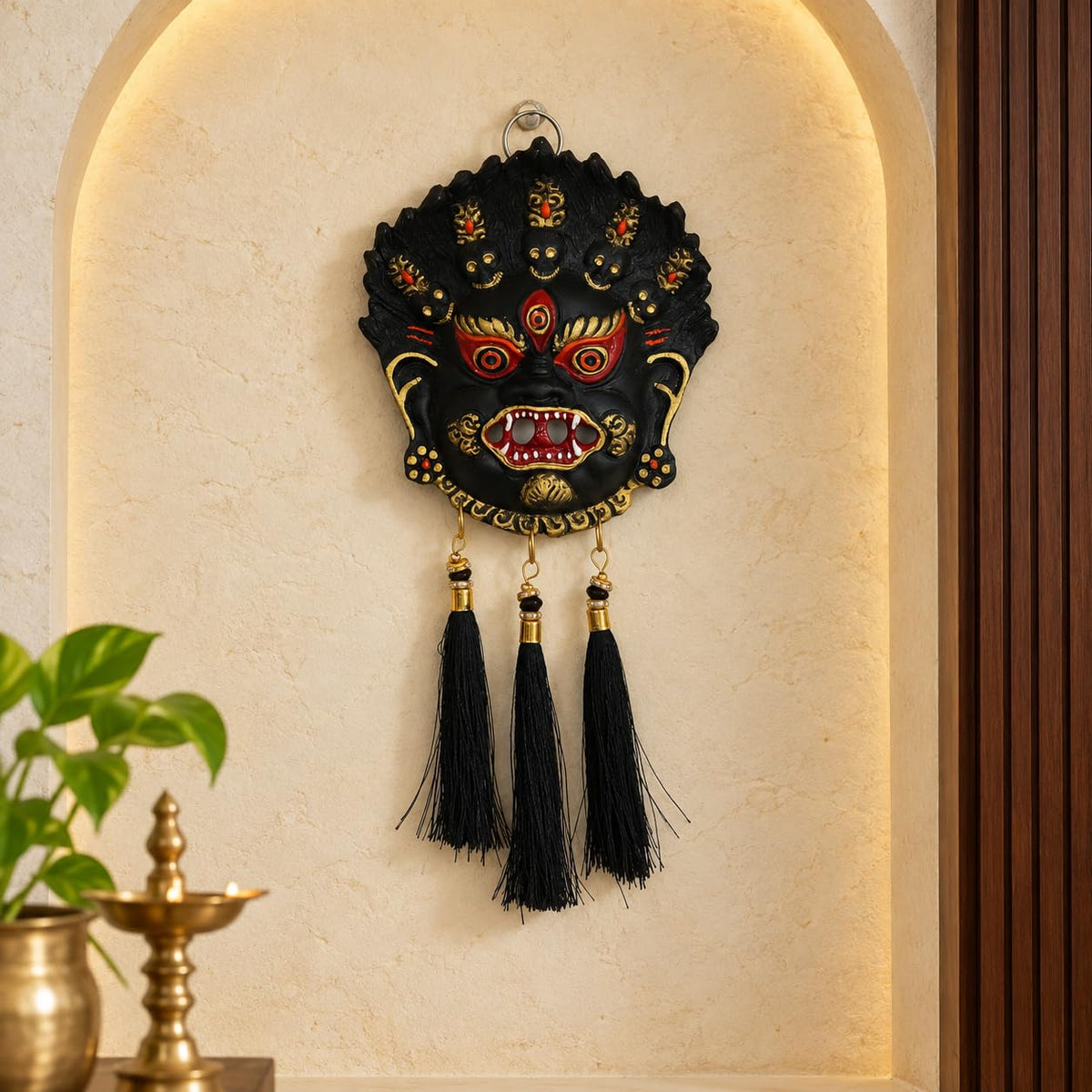 KridayKraft Kirtimukha Nazar Battu Wall Hanging with Tassels, Black Face Mask for Home Entrance, Main Door and Office Décor, Housewarming Gift.