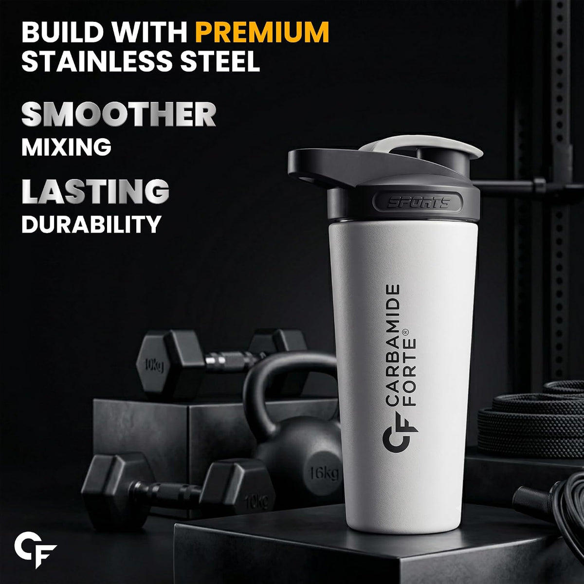 Carbamide Forte Stainless Steel Shaker for gym Bottle 800ml | Leakproof Protein Shaker Bottle with Stainless Steel Mixing Ball | Odour & Stain Resistant Gym Shaker Bottle for Protein Shakes, Creatine, BCAA & Pre-Workout