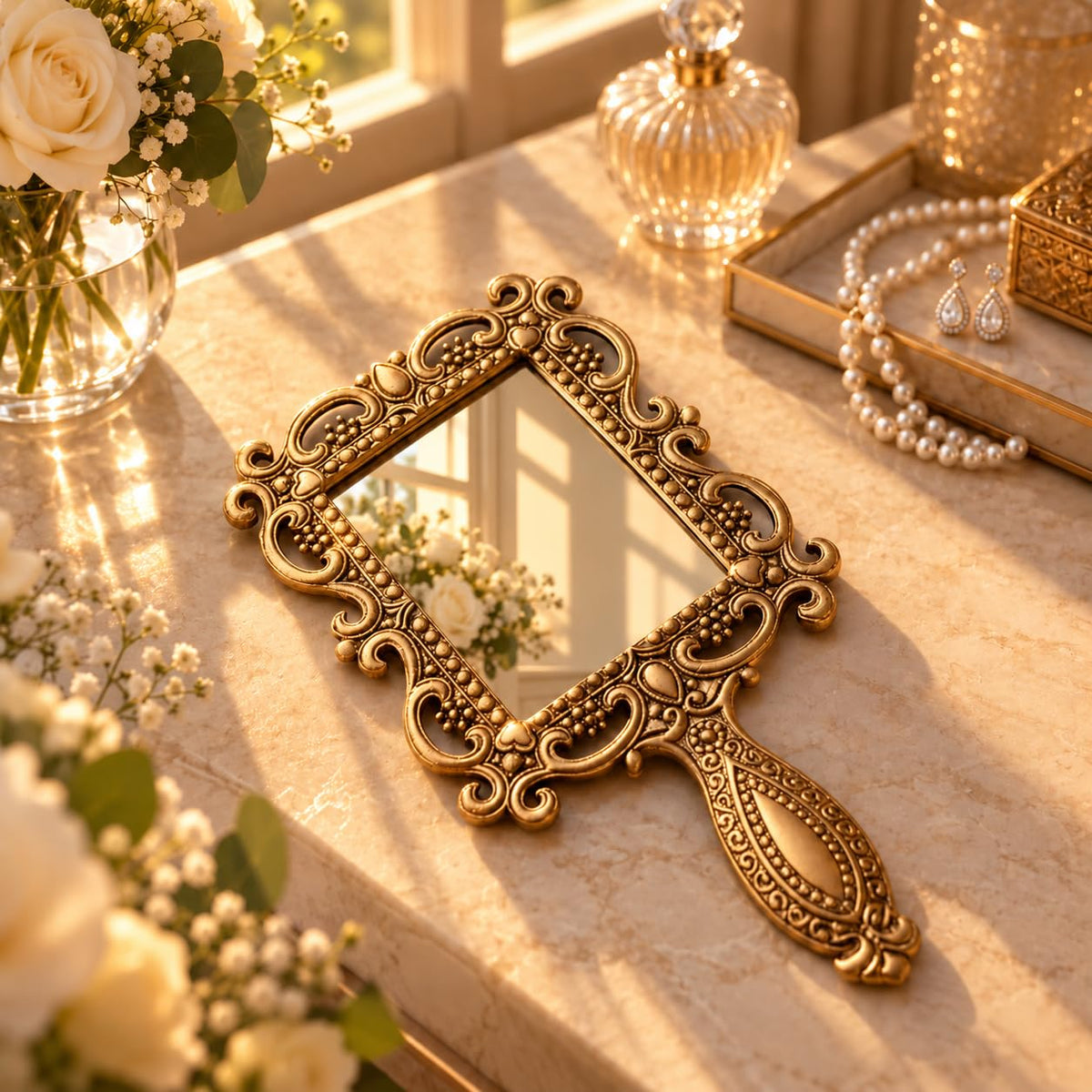 KridayKraft Beautifully Carved Square Shape Gold Plating Metal Hand Mirror for Makeup, Travelling, Salon Mirror & Decorative Antique Item, framed