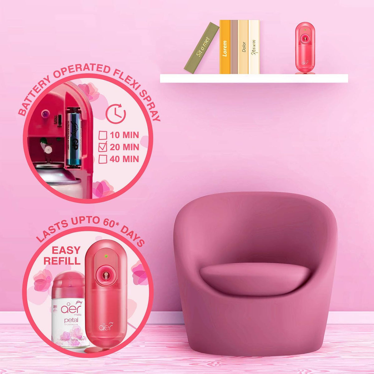 Godrej aer Matic, Automatic Air Freshener Refill Pack - Petal Crush Pink (225 Ml), Aerosol