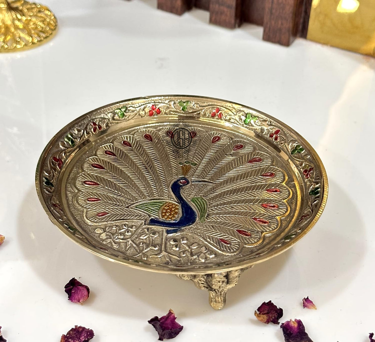 DSH Pure Brass Puja thali Plate with Peacock Embossed Design Best for Home Office Pooja Purpose Handicraft (15 cm)
