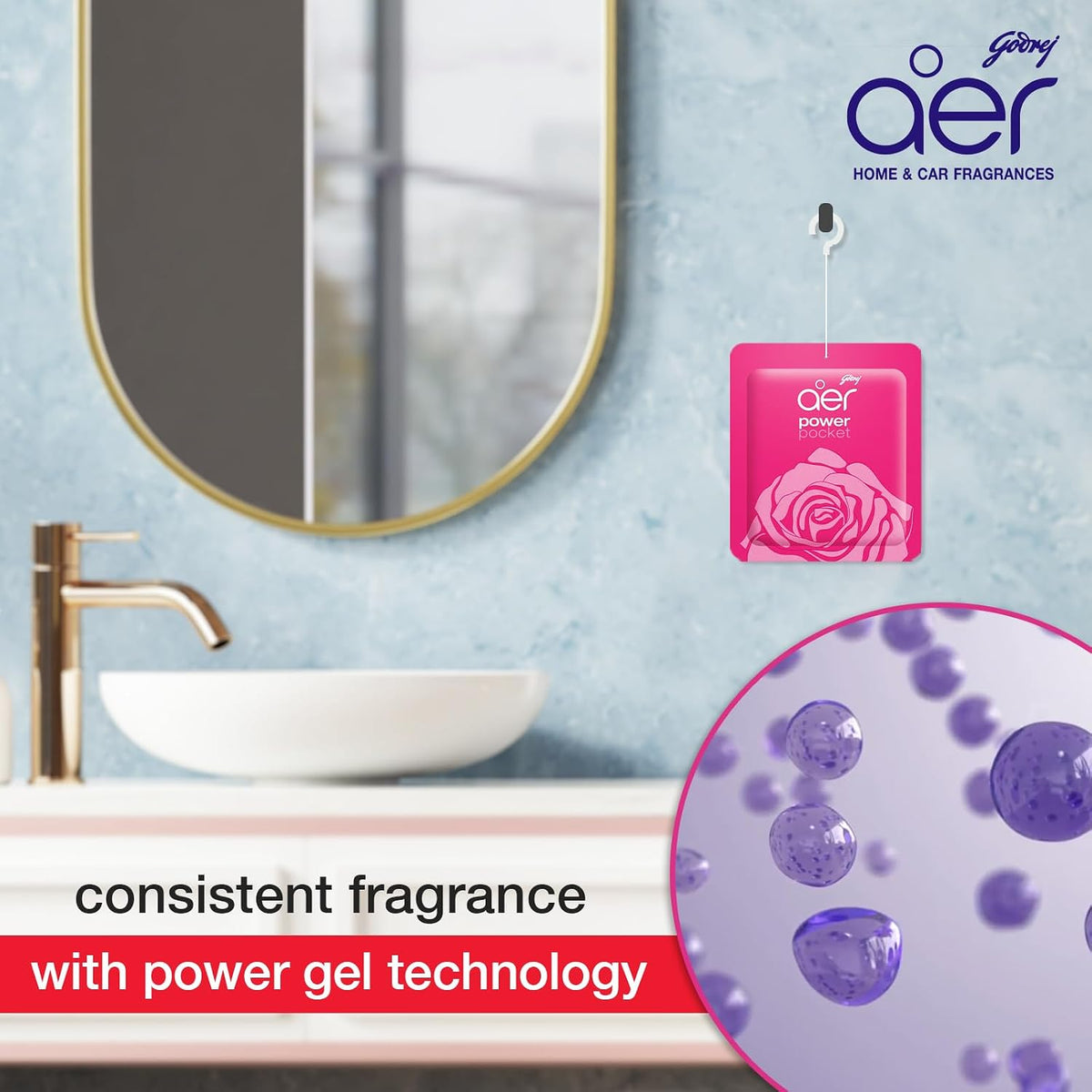 Godrej aer Power Pocket Bathroom Freshener – Rose Fresh Blossom (10g) | Lasts up to 30 days | Germ Protection