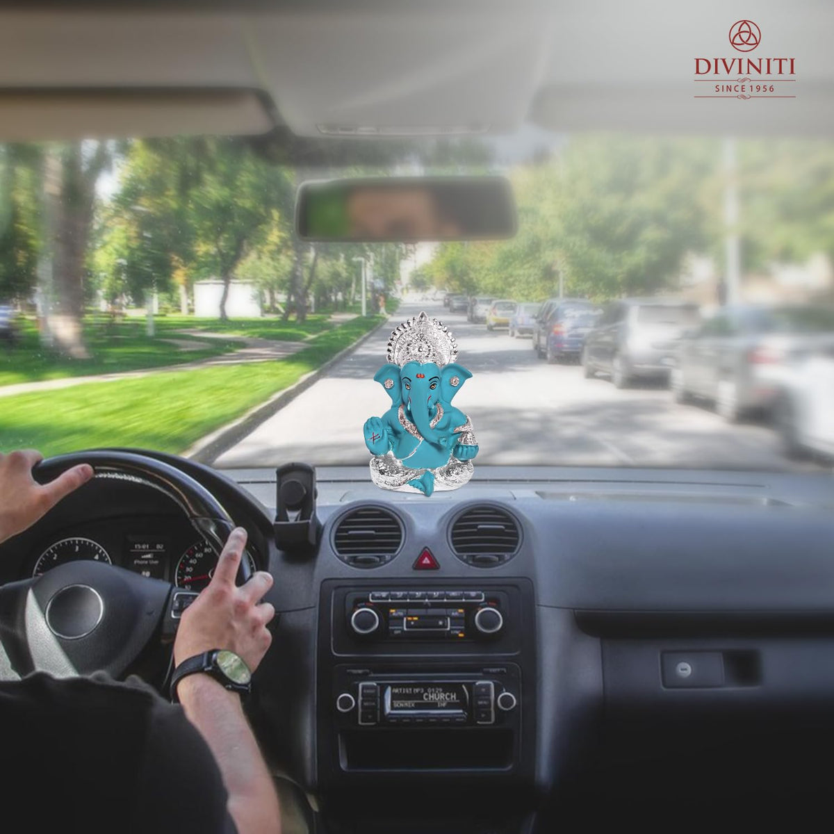 DIVINITI 999 Silver Plated Resin Lord Ganesha Idol for Car Dashboard, Tabletop|Ganesh Statue for Good Luck and Success|Ganpati Murti for Home Decor Mandir, Office Desk Puja Gift Teal (8.4x4.2cm)
