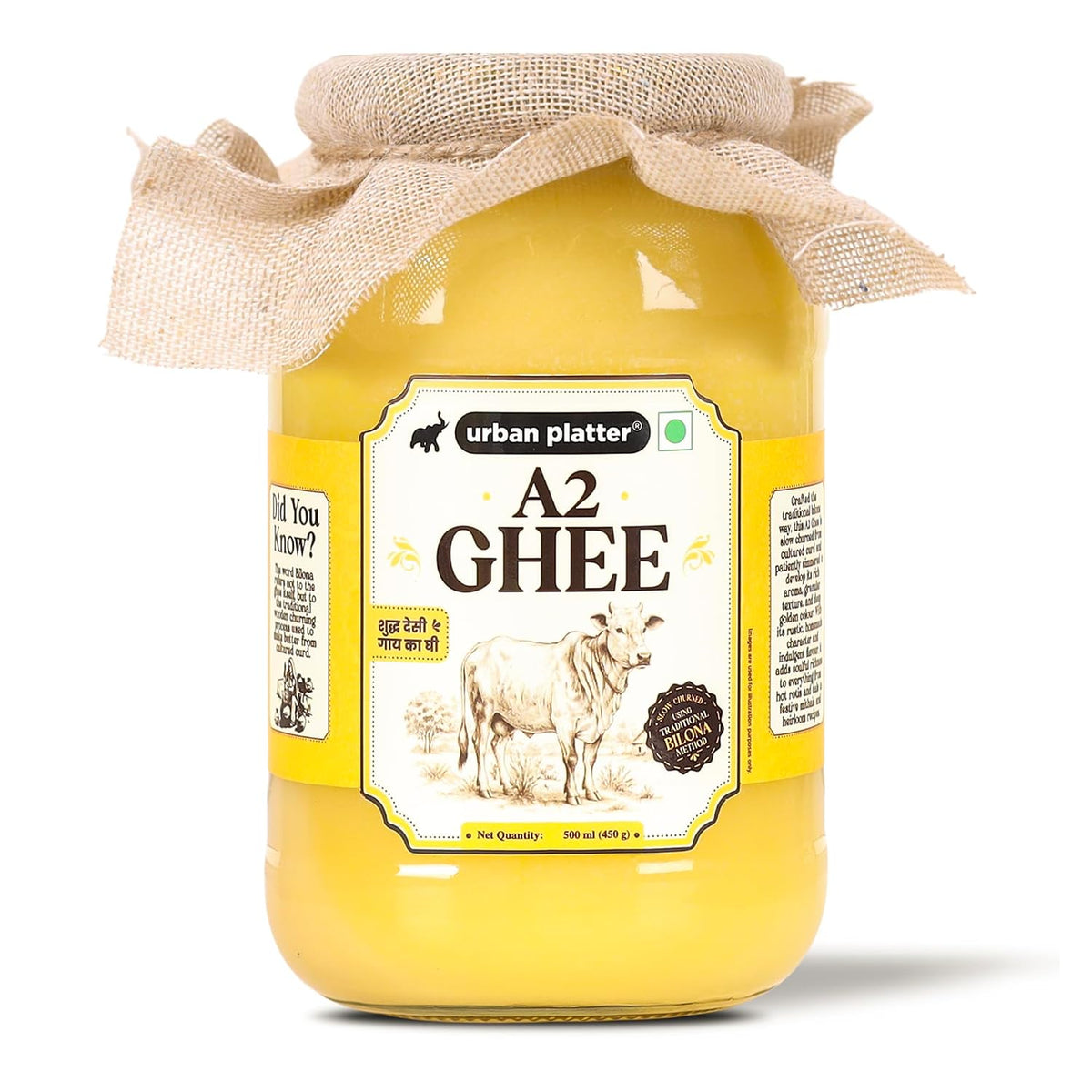 Urban Platter A2 Bilona Cow Ghee, 500ml (Traditional Curd-Churned Desi Ghee | Made from A2 Cow Milk | Pure Ghee for Cooking, Tadka & Daily Meals)