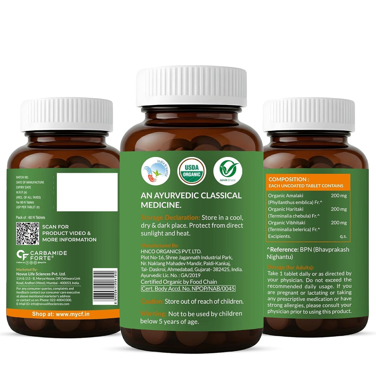 Carbamide Forte Triphala Churna Tablets 600mg | 100% Organic Triphala Tablets with Amla, Haritaki & Bibhitaki | Triphala Capsules Alternative for Digestive Health | 60 Tablets