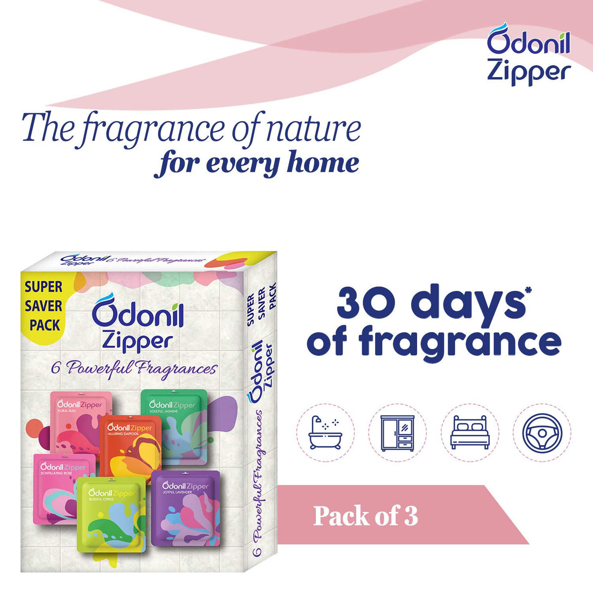 Odonil Bathroom Air Freshener Zipper Mix -30gm (10gm*3, Citrus, Jasmine,Lavender)