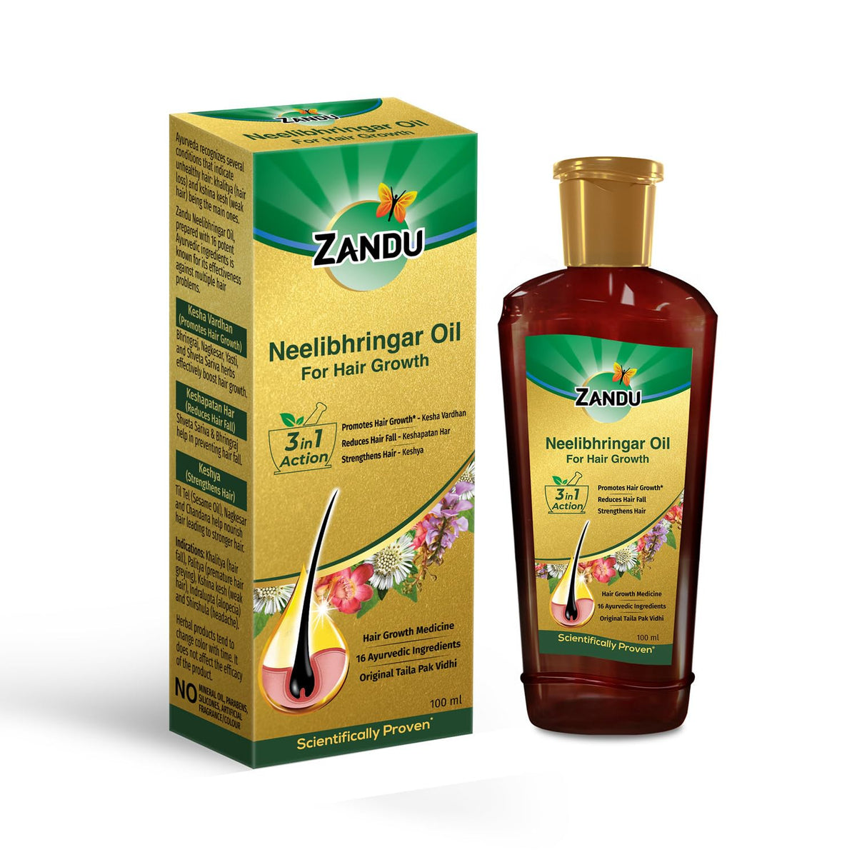 Zandu Neelibhringar Oil (100ml): 100% Ayurvedic Hair Growth Oil | 3-in-1 Action | Scientifically Proven For Hair Growth | Reduces Hair Fall | Strengthens Hair | 16 Potent Ingredients | Taila Pak Vidhi