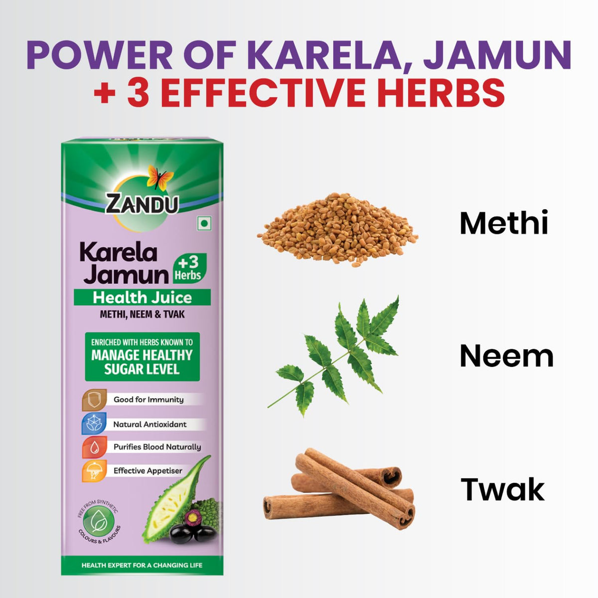 Zandu Karela Jamun + 3 Herbs Health Juice | Power of Karela, Jamun + 3 effective herbs | For Healthy Sugar level | Purifies blood naturally | Natural & Safe | Great taste | 1L