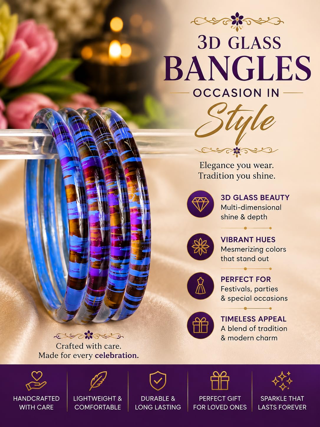 NMII Premium Glass Bangle Set for Women | Multicolour Designer Kangan | Lightweight Fashion Jewellery | 3D Transparent Chudi Set | Ethnic Party Bangles