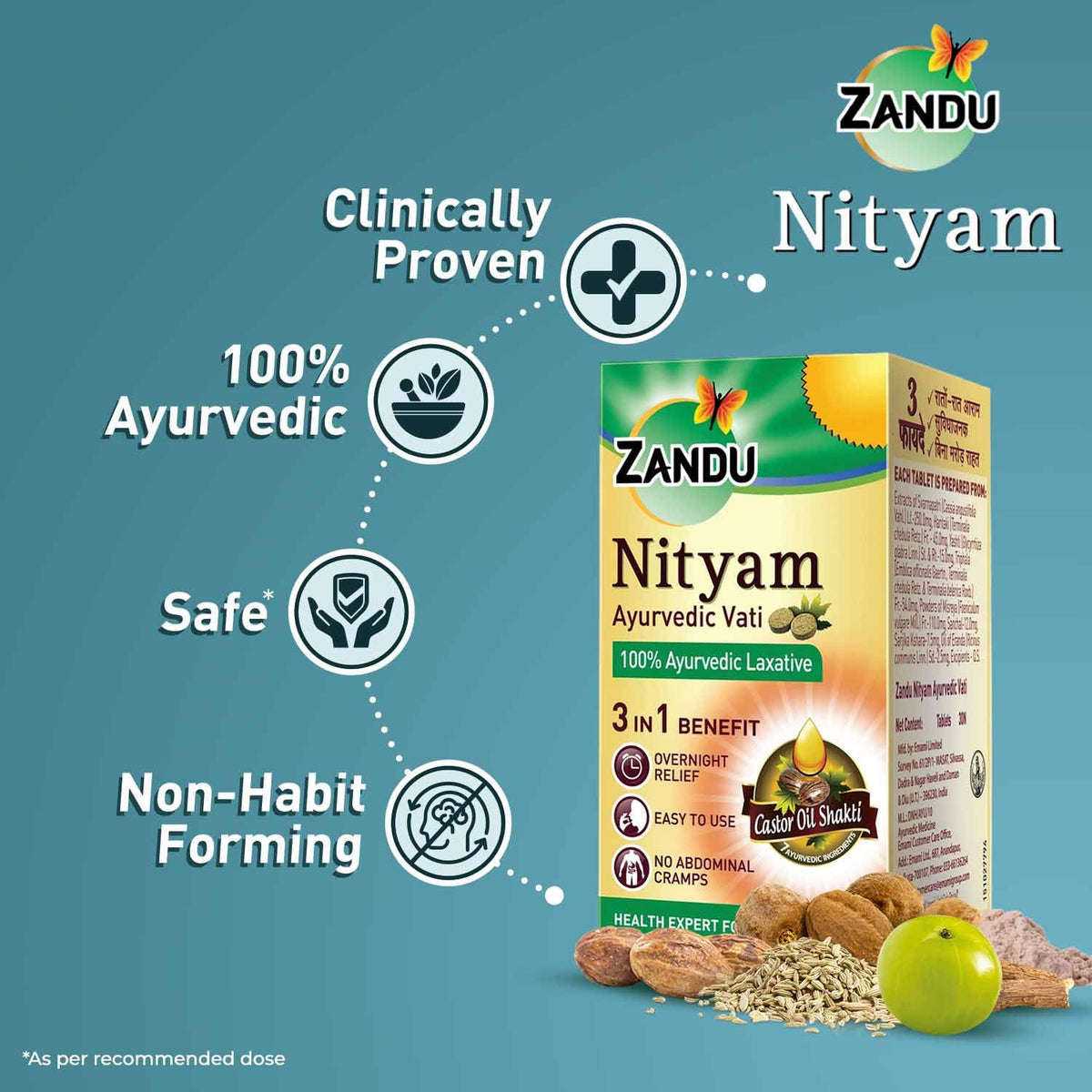 Zandu Nityam 30 Tablets Pack of 3 | Ayurvedic Laxative | Overnight relief from constipation | Relief from Gas, Acidity & Bloating | No Stomach Cramps