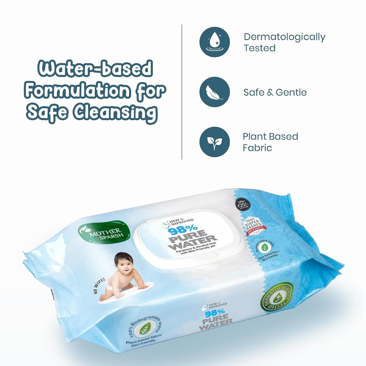 Mother Sparsh 98% Water Based Baby Wipes I Plant made Baby Wet Wipes I 80 Pcs