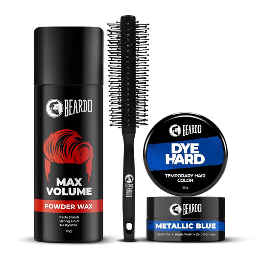 Beardo Roller Hair Brush, Max Volume Powder Wax 10g, Dye Hard Temporary Hair Color Metallic Blue 25g | Smoothening & Volumizing comb for Men |Men Accessorie | Strong Hold & Restylable Hair Powder For Men | Hair Care Set for Styling, Volume & Vibrant Color