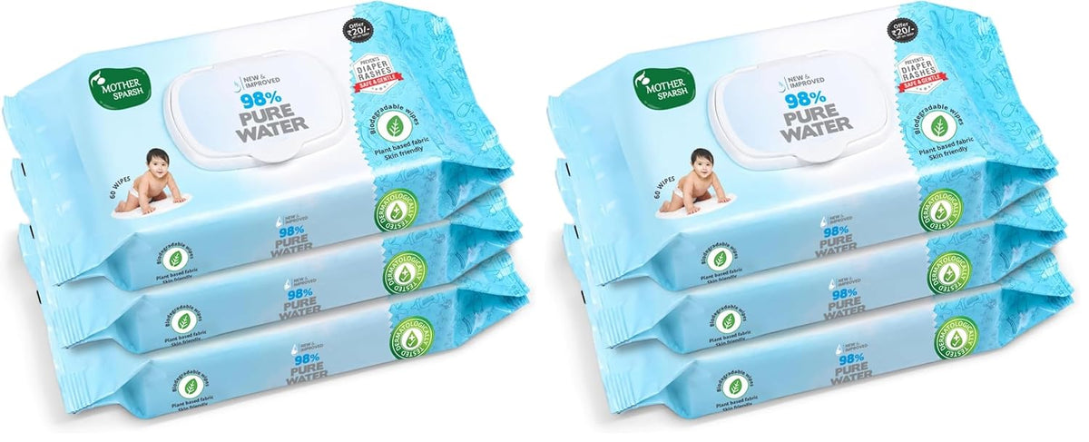 Mother Sparsh 98% Water Based Baby Wipes I Wet wipes made with Plant Fabric I 60 Pcs (Combo of 6)