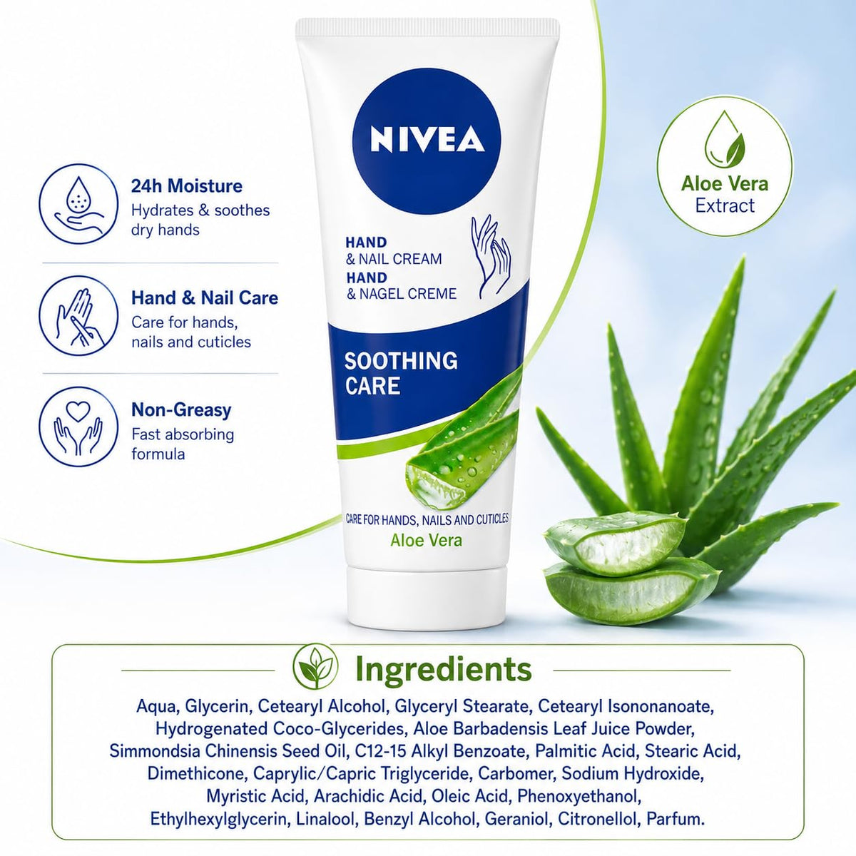 NIVEA Hand & Nail Cream Soothing Care with Aloe Vera, Moisturising Care for Dry Hands, Nails & Cuticles, 75 ml