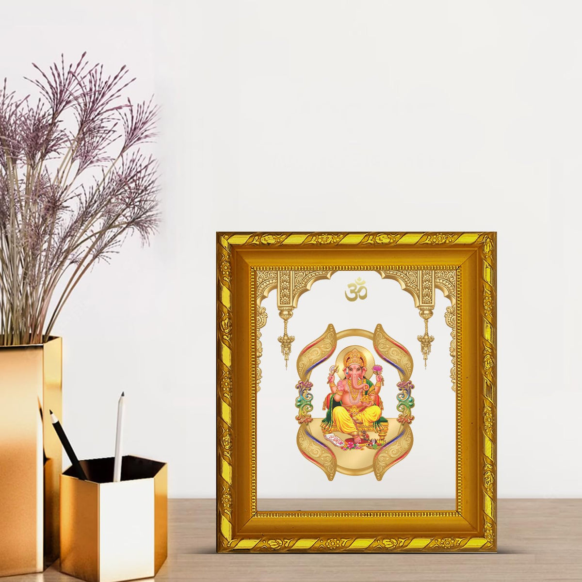 Diviniti 24K Gold Plated Ganesha Photo Frame for Home Decor and Tabletop| DG 103 Size 1 Royal Wall Frame with 24K Gold Plated Foil| Religious Frame for Puja, Festival Gift (15 CM x 13 CM)