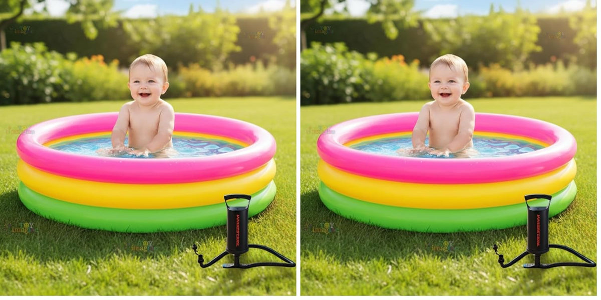 Toy Imagine 3 ft Inflatable Pool for Kids – Laminated PVC Sunset Glow Round Baby Swimming Pool for 1–2 Kids | Portable Foldable with Double Quick Air Hand Pump | Summer & Holi (Pack of 2)