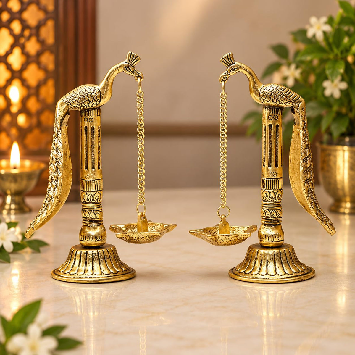 KridayKraft Peacock Design Metal Hanging with Chain Diya Pair of Peacock Design Bird Diya Deepak Oil Lamp