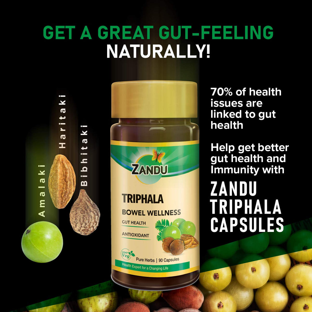 Zandu Triphala Capsules, Supports Bowel Wellness & Healthy Gut, Helps to Boost Immunity & Useful for Digestion, Antioxidant Properties - 90 Veg Capsules