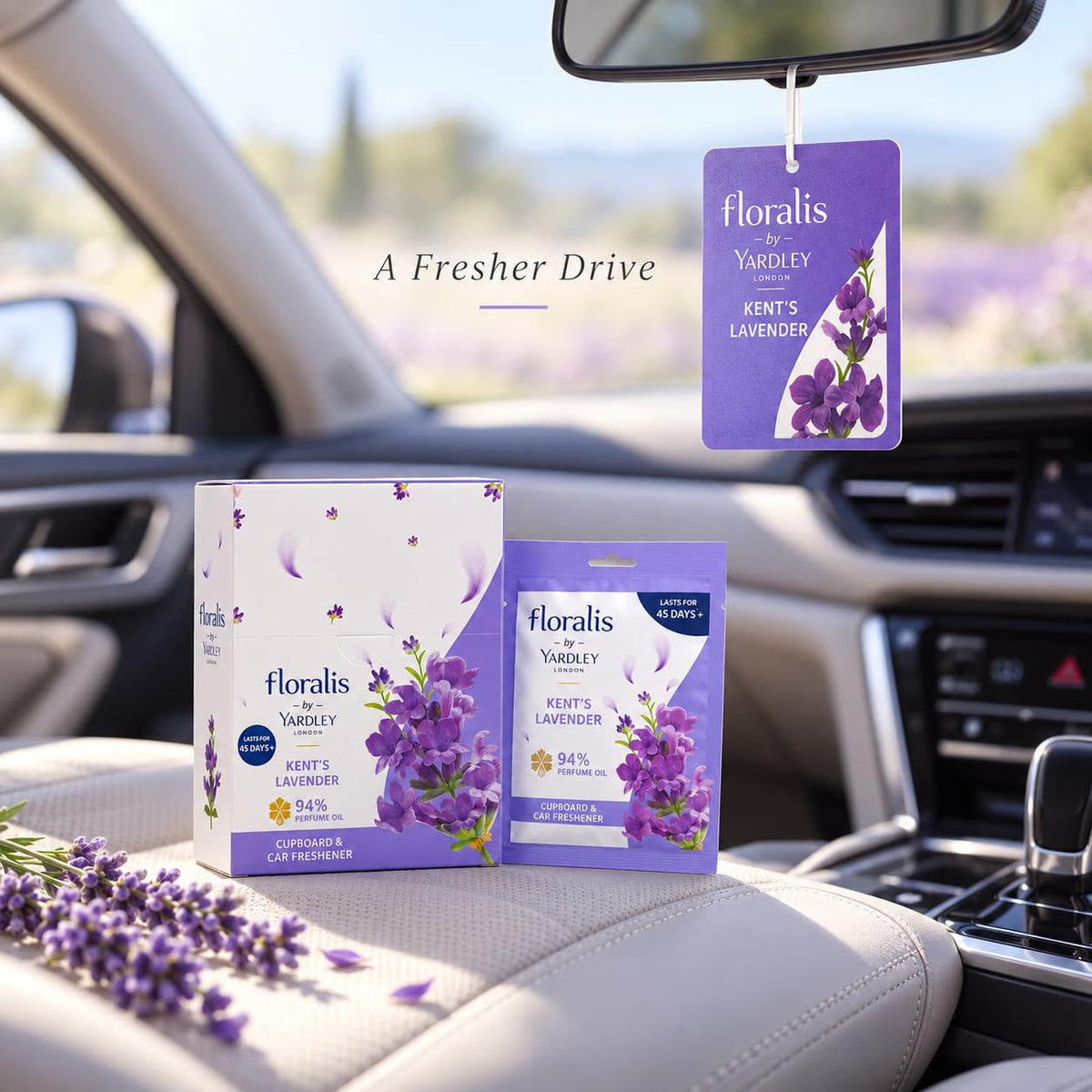 Yardley London Floralis Kent's Lavender Cupboard & Car Freshener (10g) | 94% Perfume Oil Sachet | Long-Lasting Fragrance Up to 45 Days for Wardrobes, Drawers & Cars (Kent Lavender) (Pack of 6)