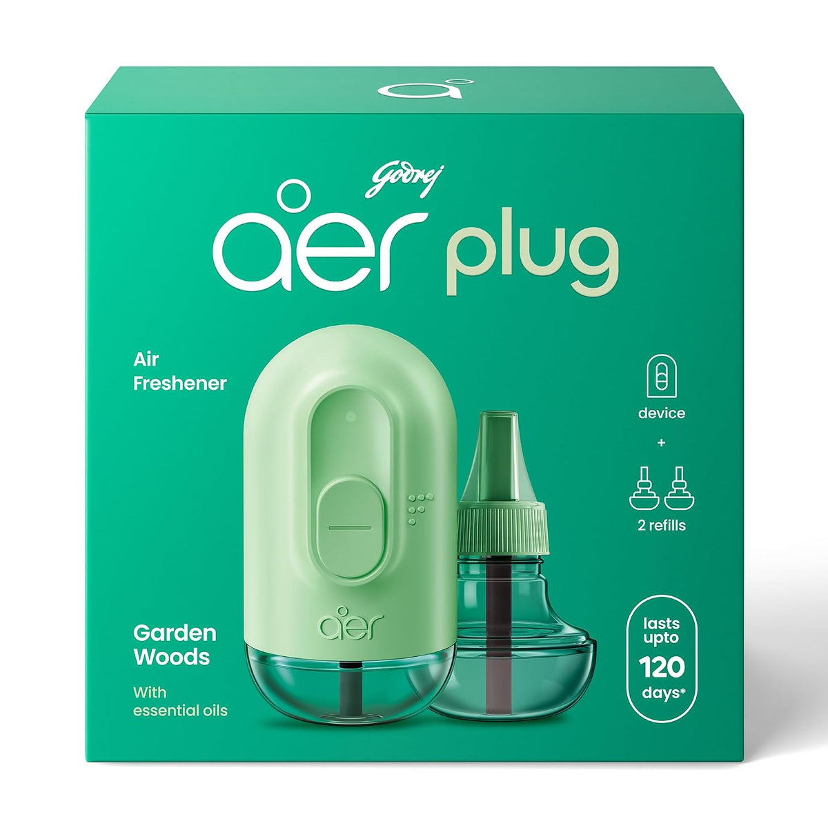 Godrej aer Plug Electric Air Freshener (Machine + 2 Refills (25ml each) | Garden Woods | Lasts up to 120 days