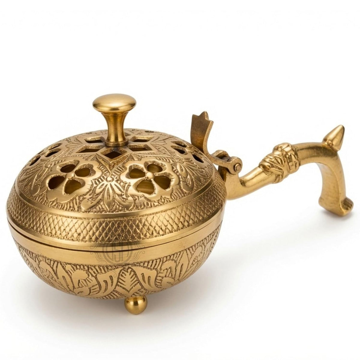 DSH Brass Incense Burner with Handle & Ventilated Lid Dhoop Dani for Pooja, Havan, Meditation & Home Fragrance Traditional Brass Loban Burner with Ash Collector