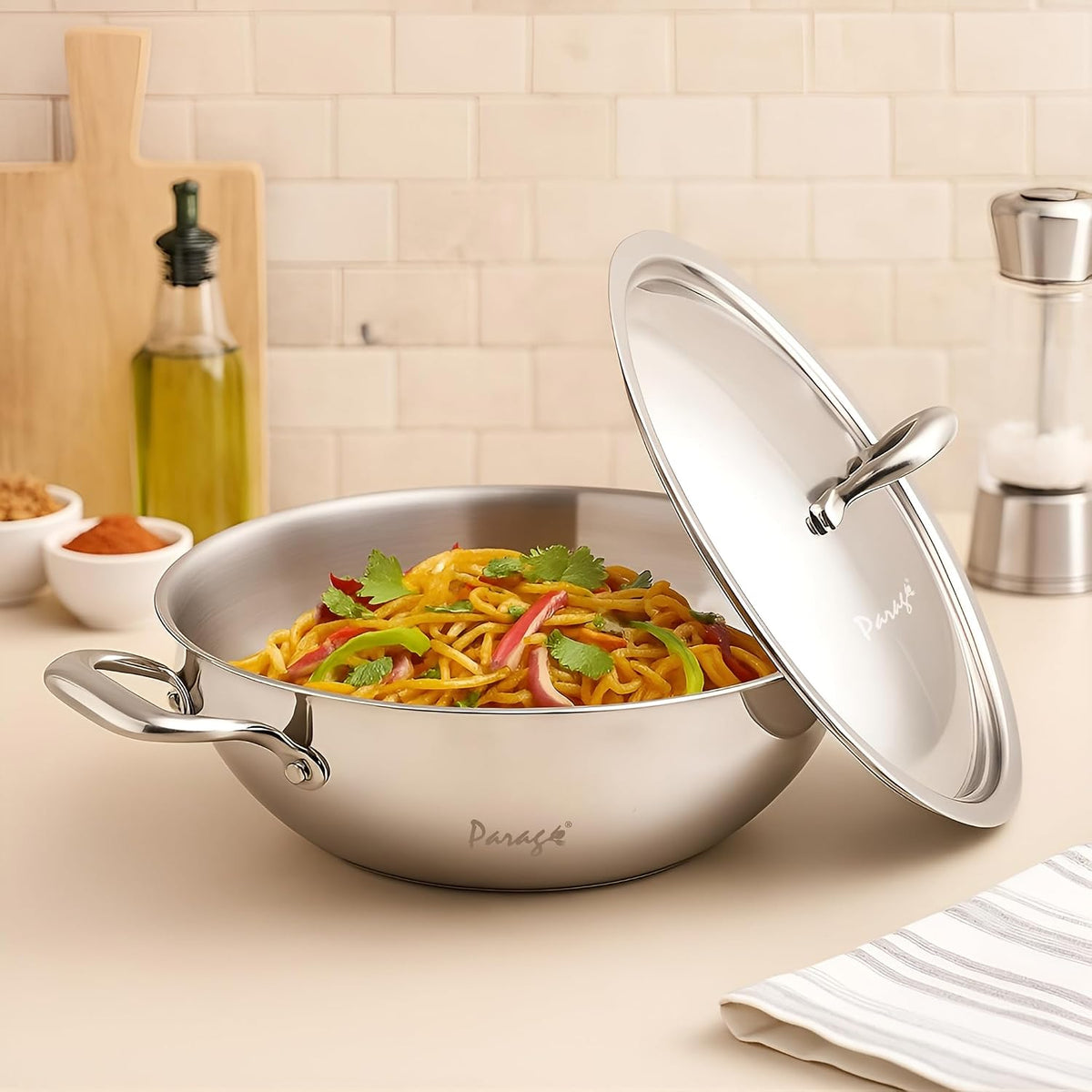 Parage Triply Stainless Steel Kadai with Lid 28 cm, 4 LTR | ISI Certified | Heavy Bottom SAS Triply Kadhai for Deep Frying & Cooking | Tripure | Induction & Gas Stove Compatible | 5 Years Warranty