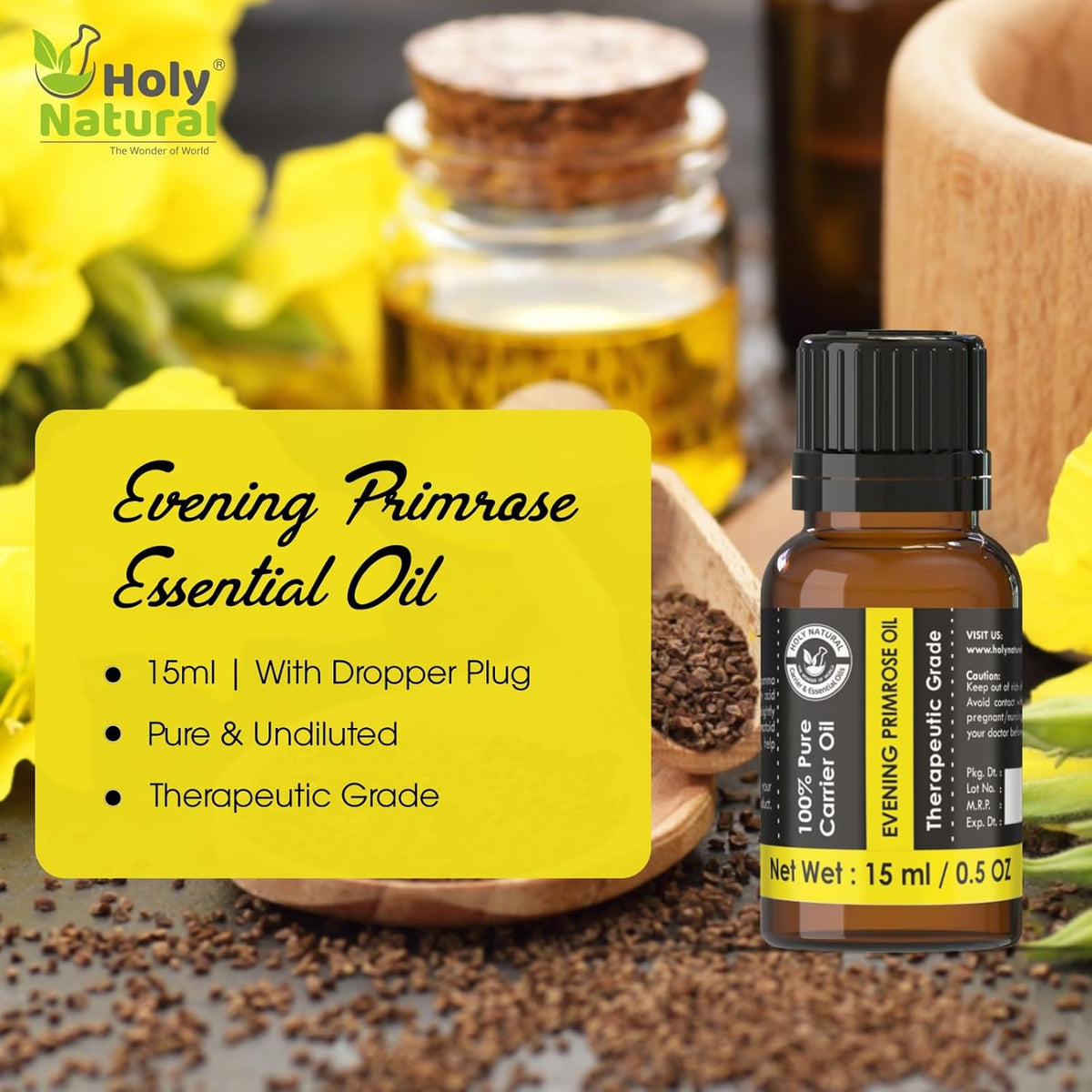 Holy Natural Evening Primrose Essential Oil 15ml (with Dropper Plug) | Undiluted Therapeutic Grade