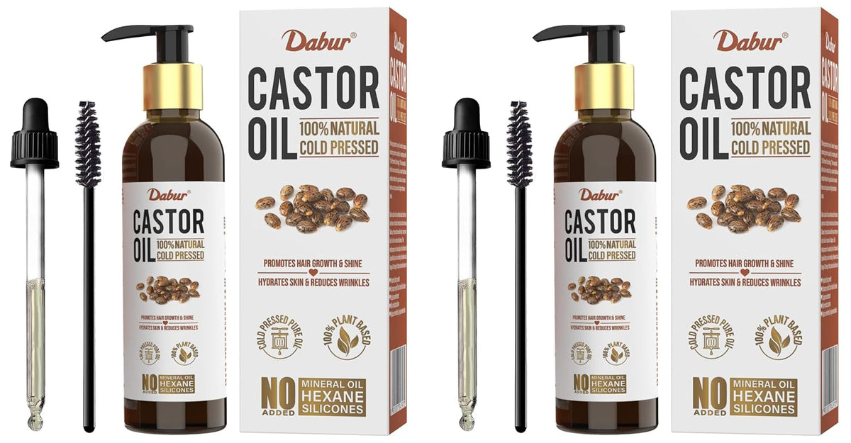 Dabur Castor Oil - 200ml | 100% Natural Cold Pressed Oil | Promotes Hair Growth, Hydrates Skin & Reduces Wrinkles | No Mineral Oil & Silicones (Pack of 2)
