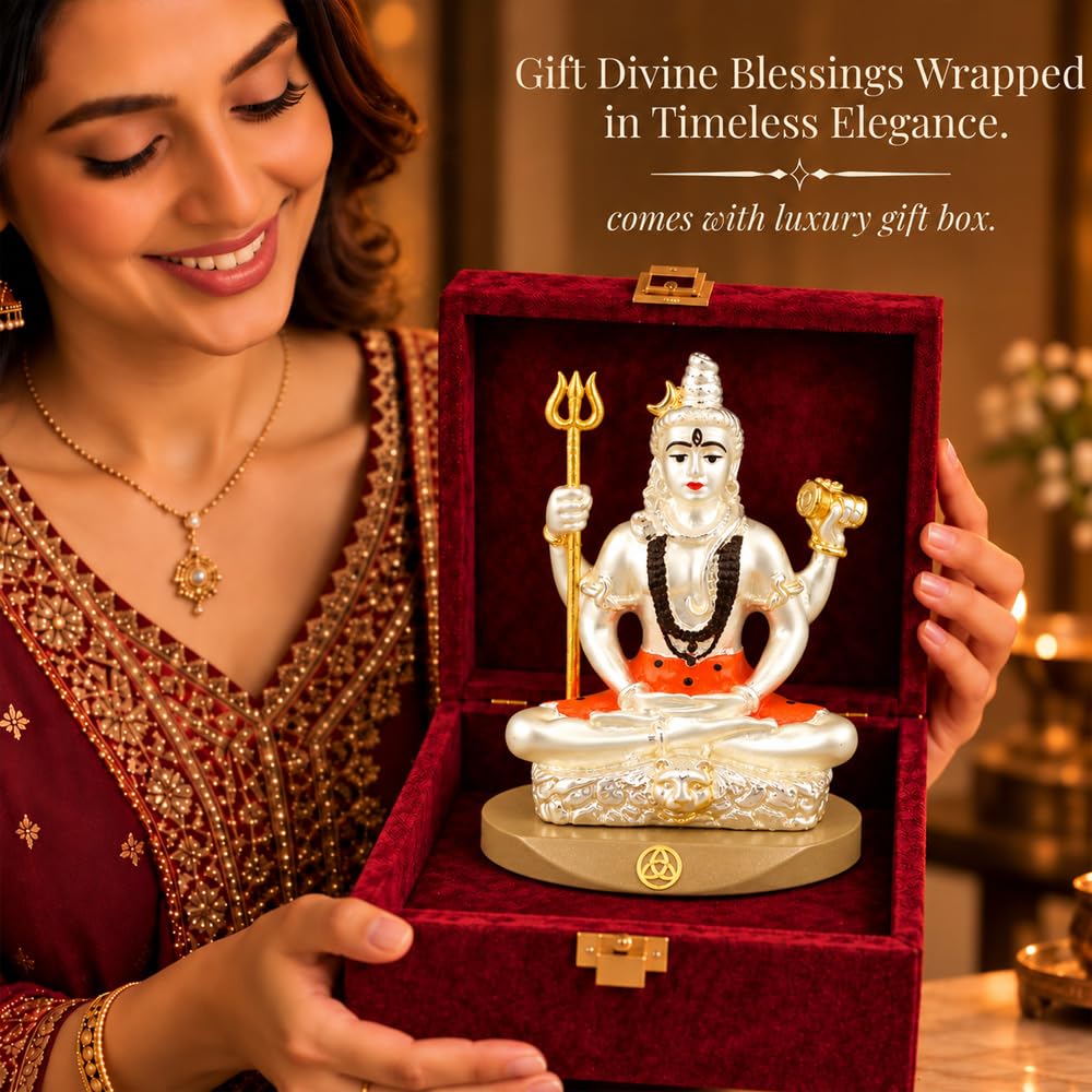 DIVINITI 999 Silver-Plated Lord Shiva Idol with Gold Accents | Mahadev Murti for Home, Office & Puja Mandir | Diwali, Mahashivratri & Housewarming Gift with Premium Gift Box | 8 x 7 CM