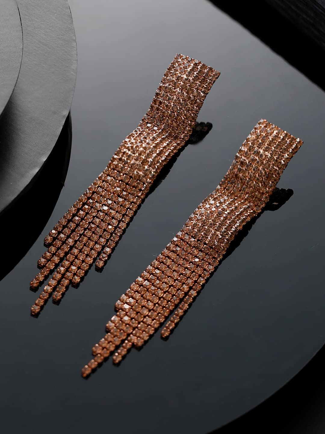 Priyaasi Black Block Tasselled Studded Rose Gold-Plated Drop Earrings