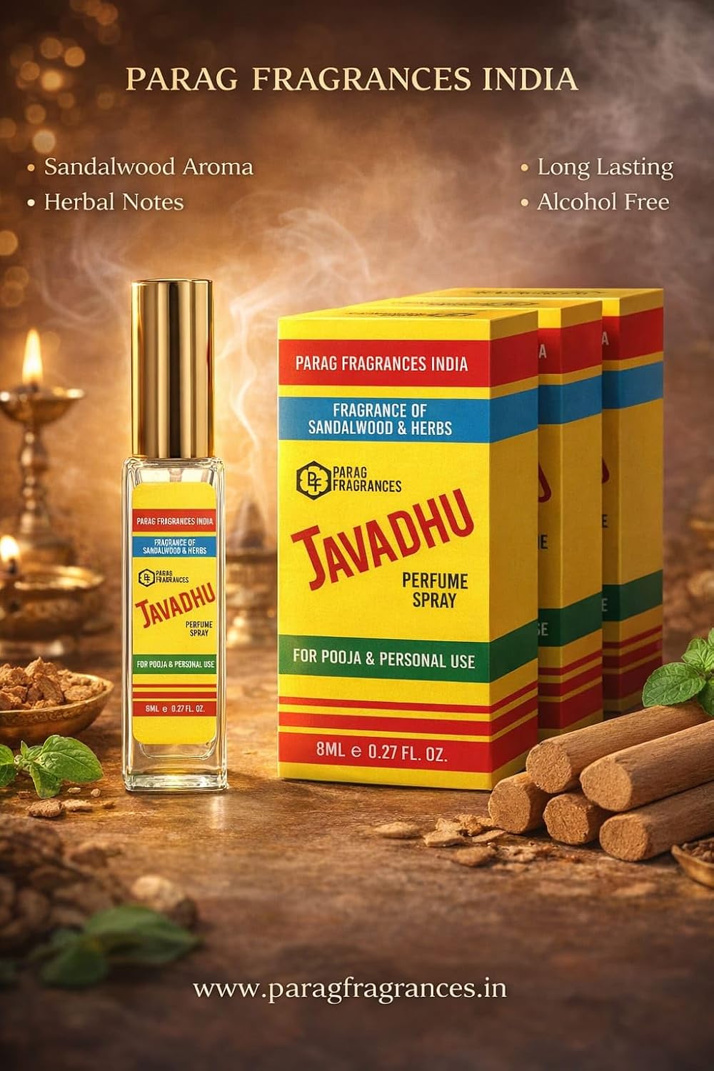 Parag Fragrances Javadhu Long Lasting Perfume 8ml x 3 pc Total 24ml Perfume Spray For Men and Women Natural Fragrance of Javadhu