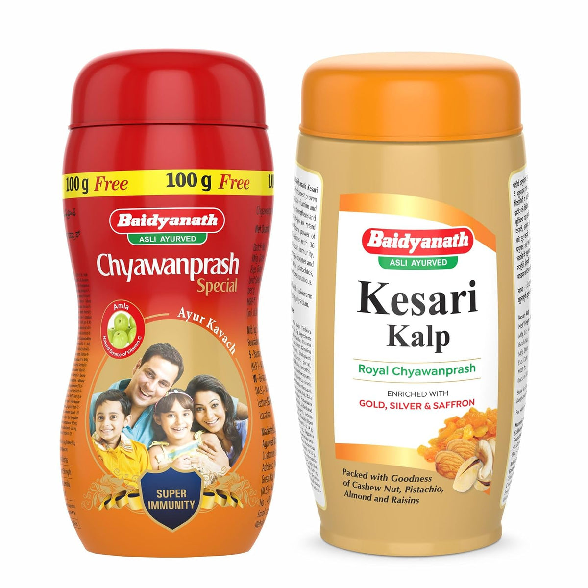 Baidyanath Asli Ayurved Chyawanprash Special, 1kg + 100g Free for Adults & Kids & Baidyanath Asli Ayurved Kesari Kalp Royal Chyawanprash 1 Kg - Enriched With Gold, Silver And Saffron, Pack of 1