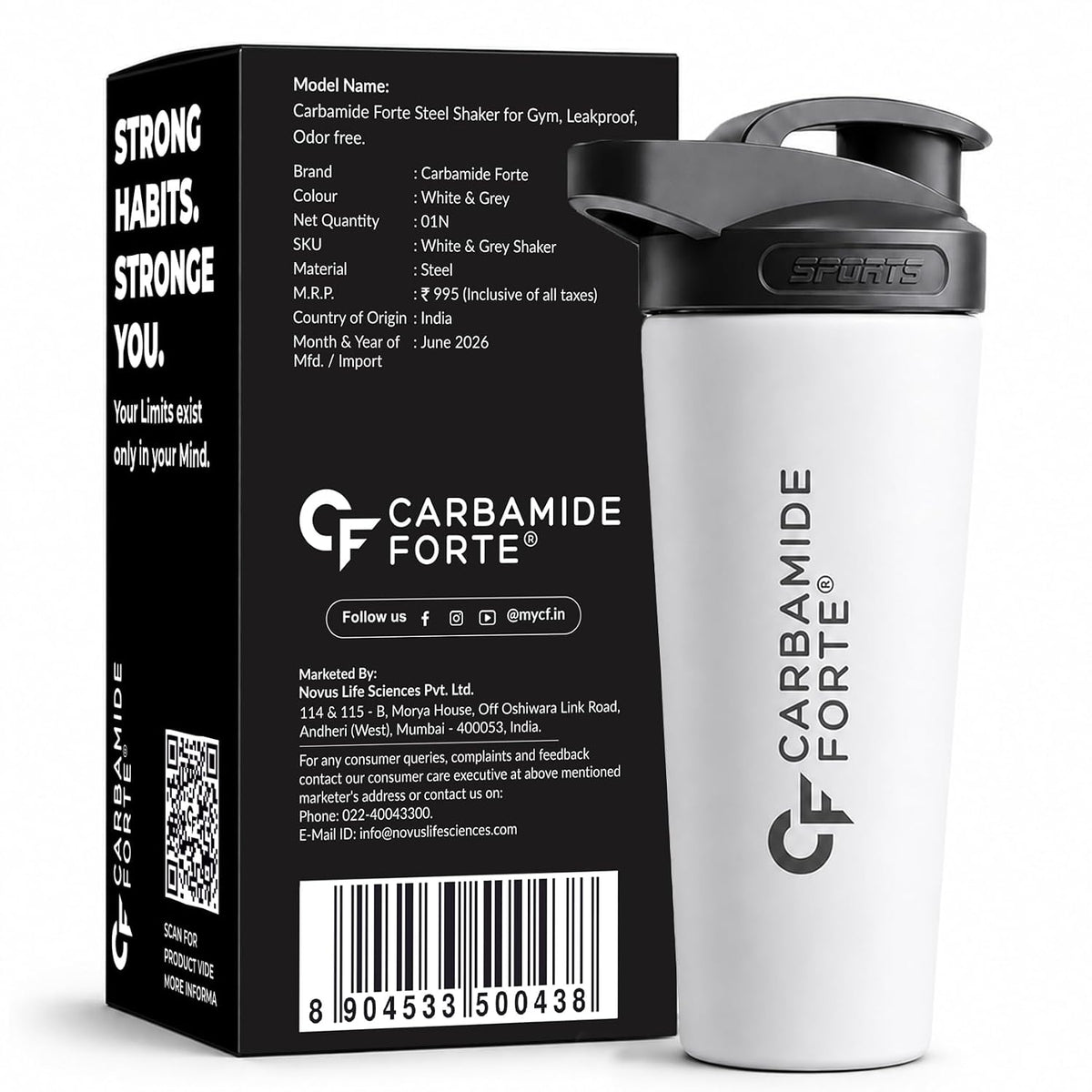 Carbamide Forte Stainless Steel Shaker for gym Bottle 800ml | Leakproof Protein Shaker Bottle with Stainless Steel Mixing Ball | Odour & Stain Resistant Gym Shaker Bottle for Protein Shakes, Creatine, BCAA & Pre-Workout