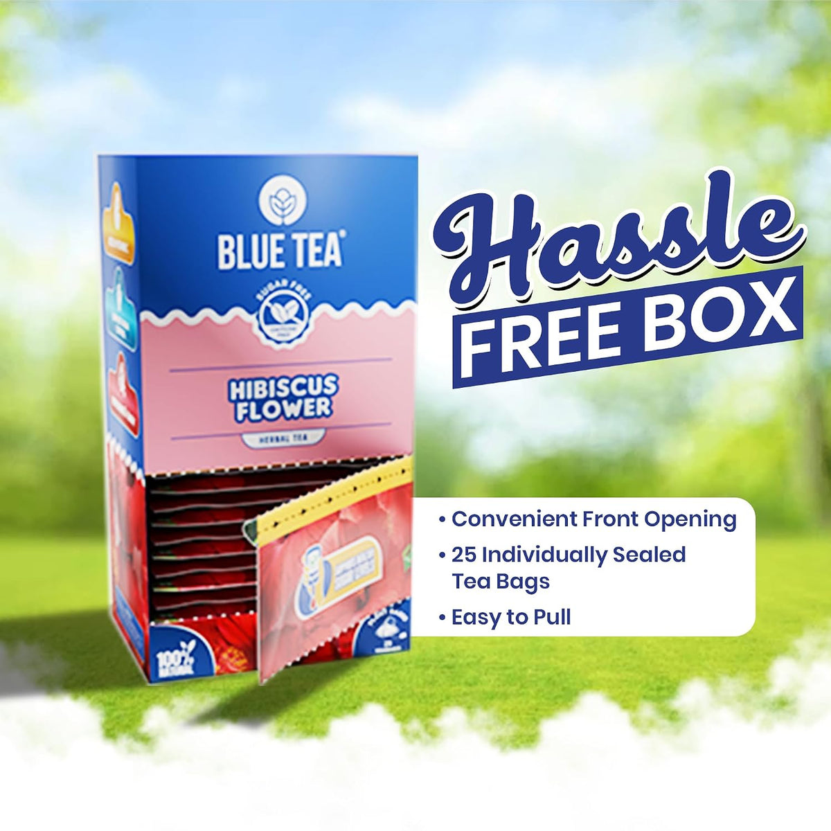 BLUE TEA - Hibiscus Tea - 25 Tea Bags - Plant Based | Supports Healthy Sugar Levels | Enhances Skin Glow | Caffeine Free - Herbal Tea - Tangy Flavour | Single Tear Tea Box | Easy Pull Sachets