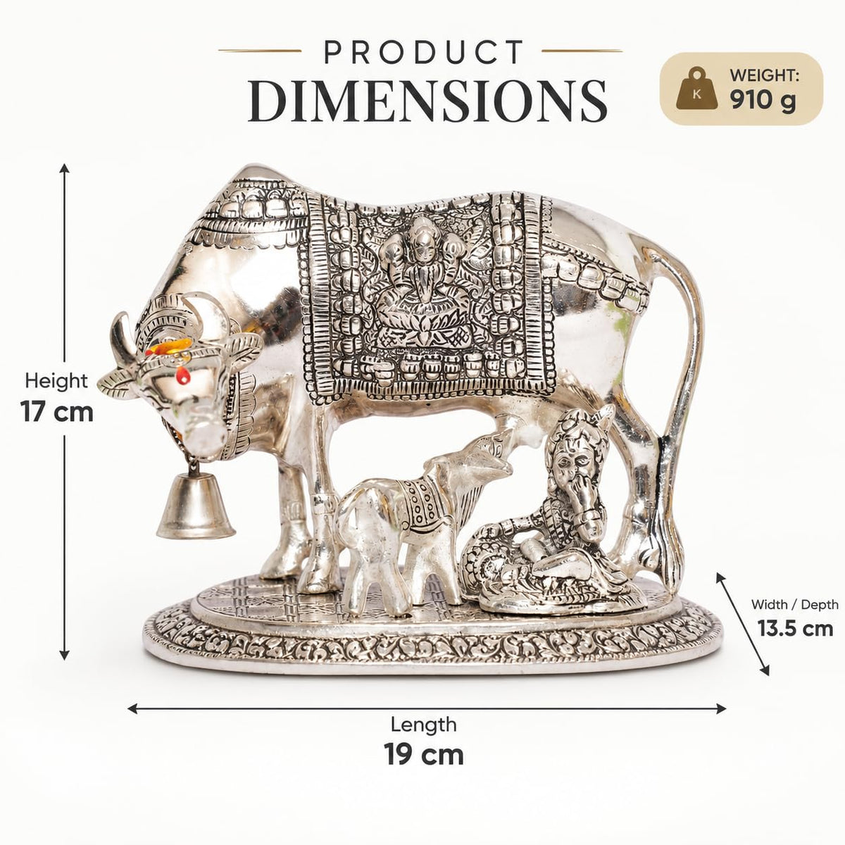 KridayKraft Kamdhenu Cow & Calf with Bal Gopal Krishna Metal Statue Vastu Idol for Good Luck, Wealth & Prosperity, Feng Shui Showpiece for Home, Office & Housewarming Gift (Silver)