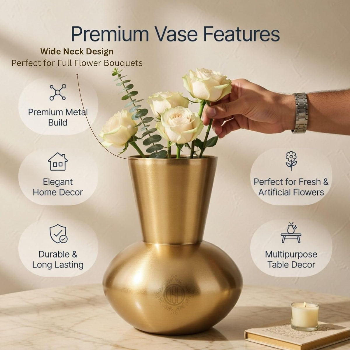 DSH Luxury Gold Designer Flower Vase Contemporary Metal Vase (8X10 in) Elegant Home Décor Accent for Living Room, Dining Table & Office.