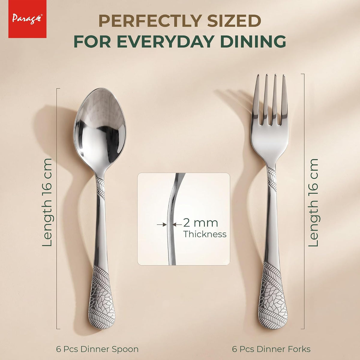 Parage 12 Pieces Stainless Steel Cutlery Set, 16 cm, Premium Cutlery for Home & Kitchen, Luxury Dining Tableware Gift for House Warming, Silver Imperial Design (6 Dinner Spoons & 6 Dinner Forks)