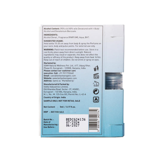 Bella Vita Luxury Skai Aquatic Unisex Eau De Cologne with Bergamot, Lavender & Patchouli|Premium, Long Lasting Woody Fragrance for Men & Women, 5ML
