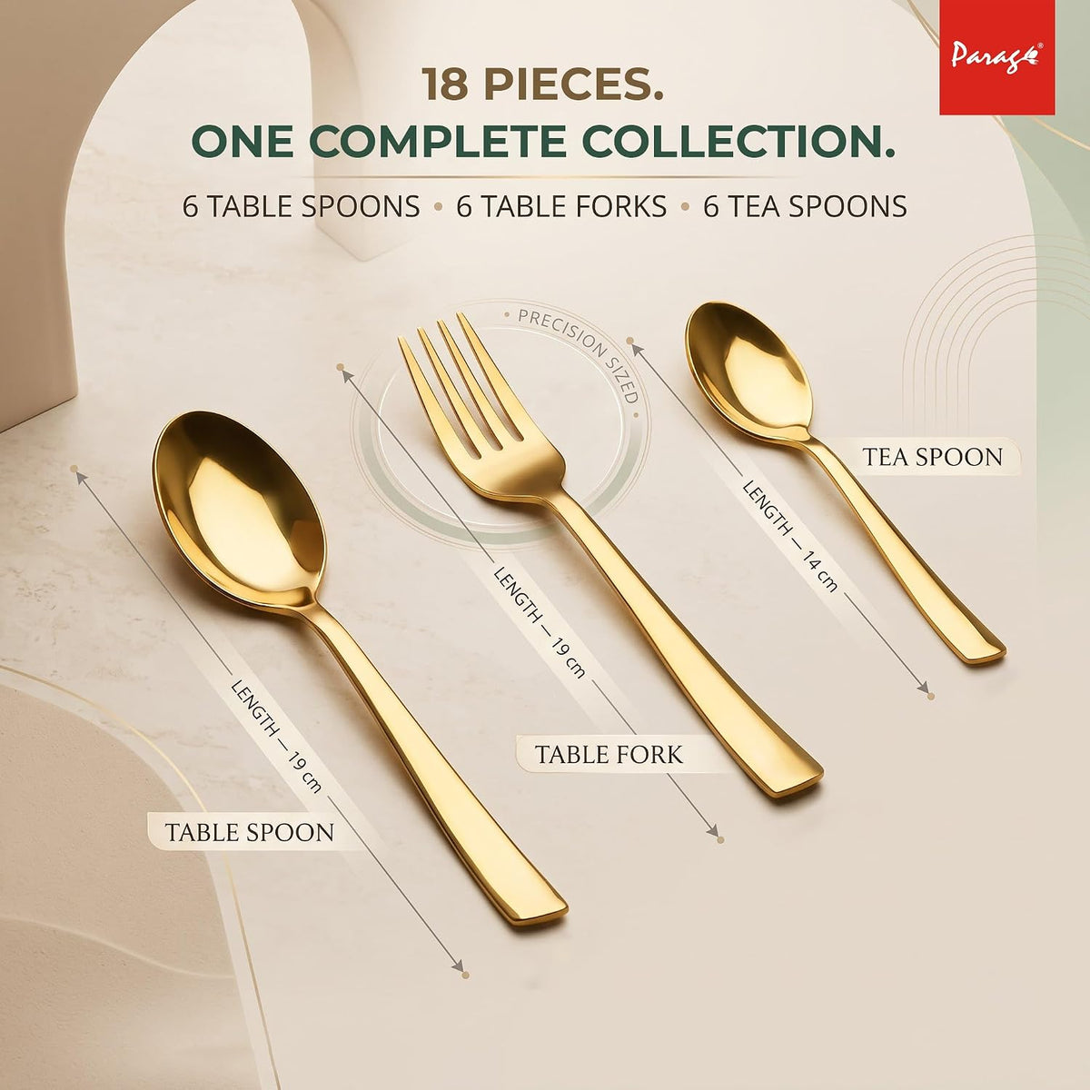 Parage 18 Pieces Stainless Steel Golden Spoon & Fork Set, Premium Cutlery Set for Home & Kitchen, Luxury PVD Gold Flatware for Elegant Dining (6 Pieces Each Table Spoons, Forks & Tea Spoons)