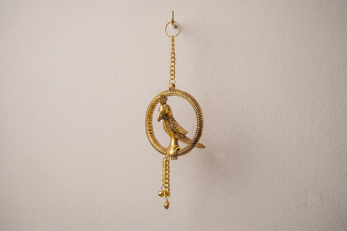 KridayKraft Decorative Metal Parrot Wall Hanging – Golden Ring Design with Bells, Traditional Home Decor Item for Living Room, Entrance & Gift.