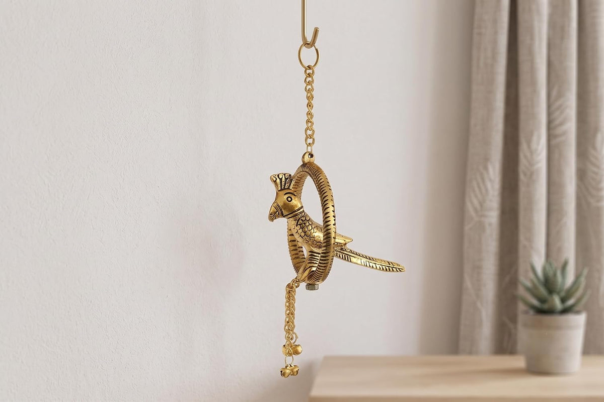 KridayKraft Decorative Metal Parrot Wall Hanging – Golden Ring Design with Bells, Traditional Home Decor Item for Living Room, Entrance & Gift.