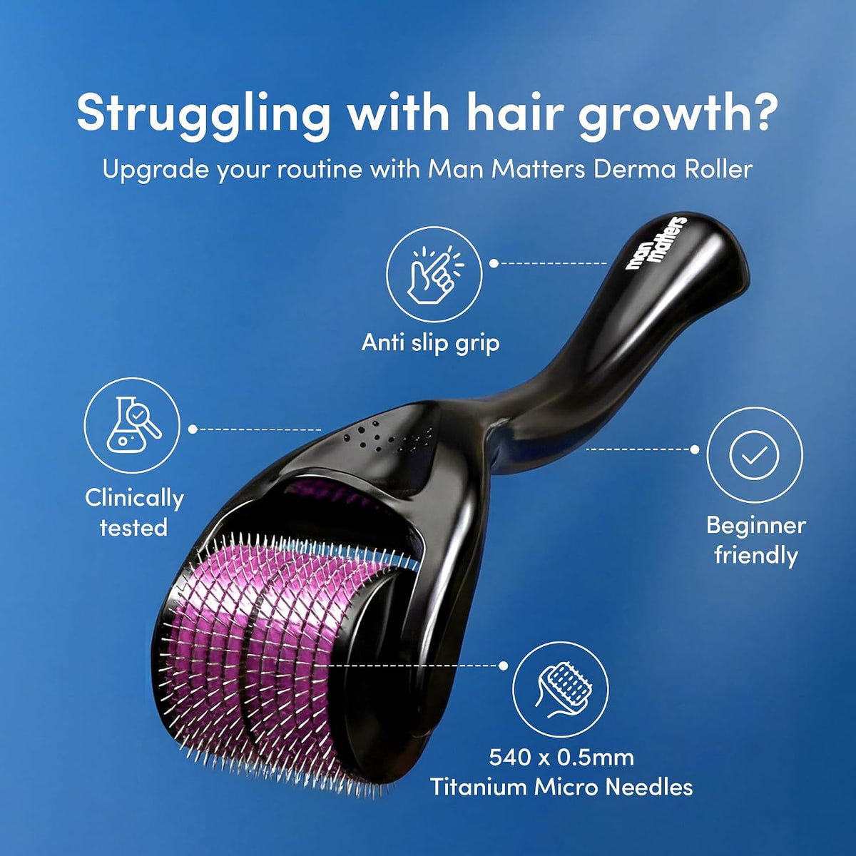 Man Matters Derma Roller With Disinfectant | 540 Micro 0.5mm Titanium Alloy Needles | Reduces Hair Fall & Stimulates Hair Follicles | Easy to use | Safe and Effective