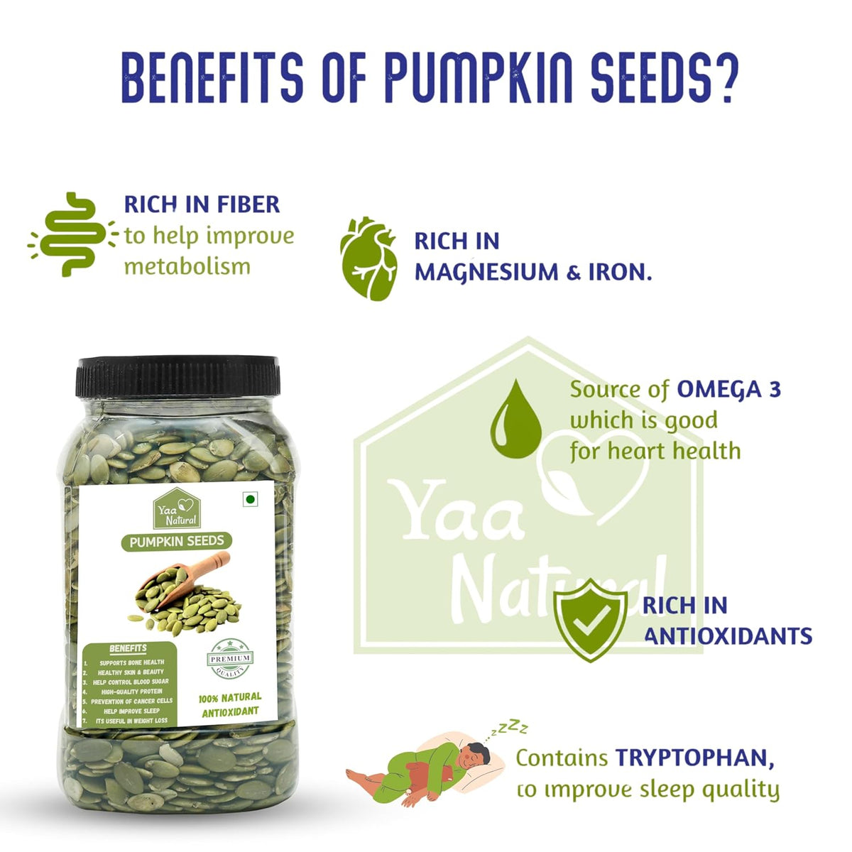 Yaa Natural Raw Pumpkin & Sunflower & FlaxSeeds - AAA Grade Seeds for Eating Source of Antioxidants Zinc & Iron & Dietary Fibre | Rich in Protein (