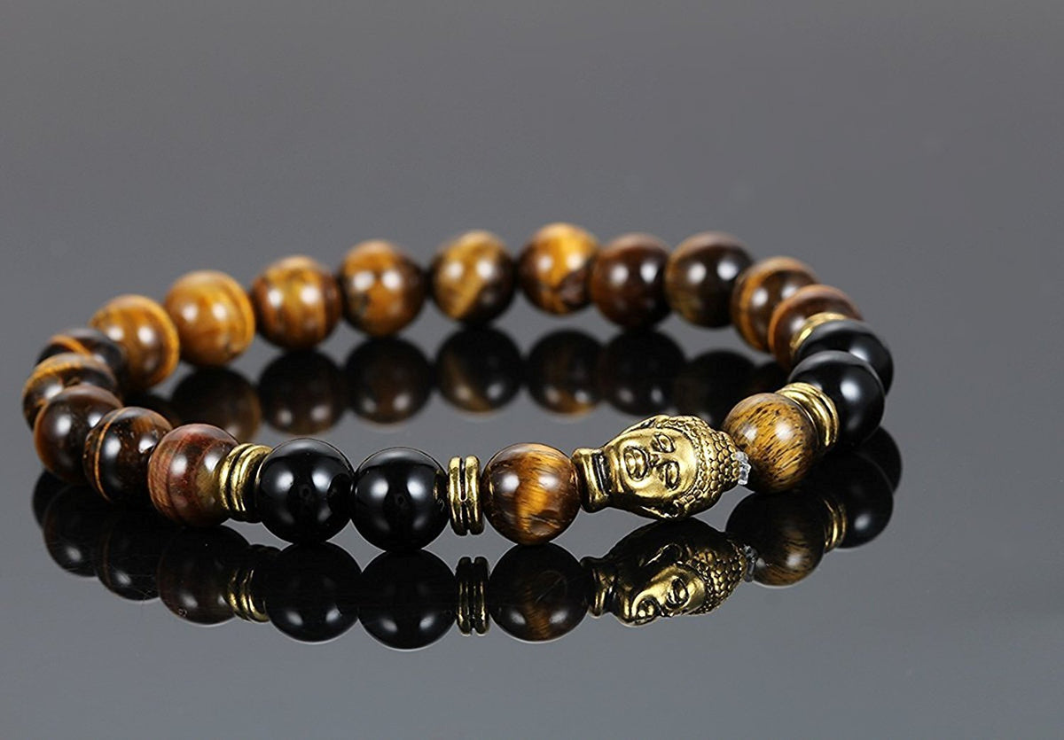 Shining Diva Fashion D'Vine Black Onyx Tiger's Eye Semi Precious Stone Yoga and Meditation Buddha Reiki Healing Beads Unisex Stylish Bracelet for Men, Women(9389b)